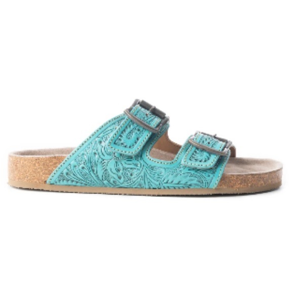 New Turquoise Myra Bag Hand Tooled Genuine Leather Summer Sandal Sunflower - Picture 1 of 16